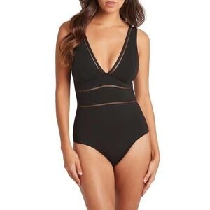 Sea Level Women's Black Size 8‎ Spliced V-Neck One-Piece Swimsuit
